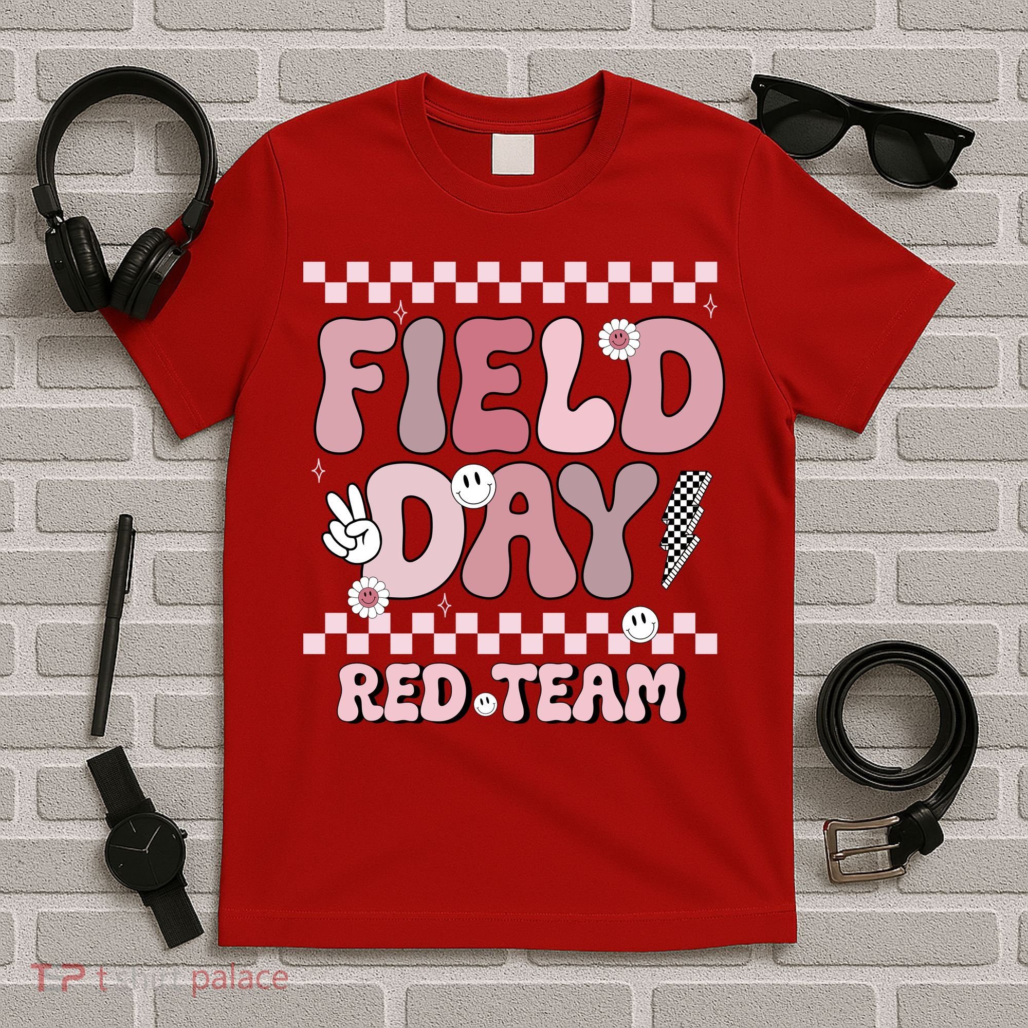 Field Day Red Team Groovy Smile Face Checkered Students T-Shirt