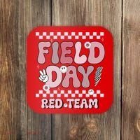 Field Day Red Team Groovy Smile Face Checkered Students Coaster thumb 0