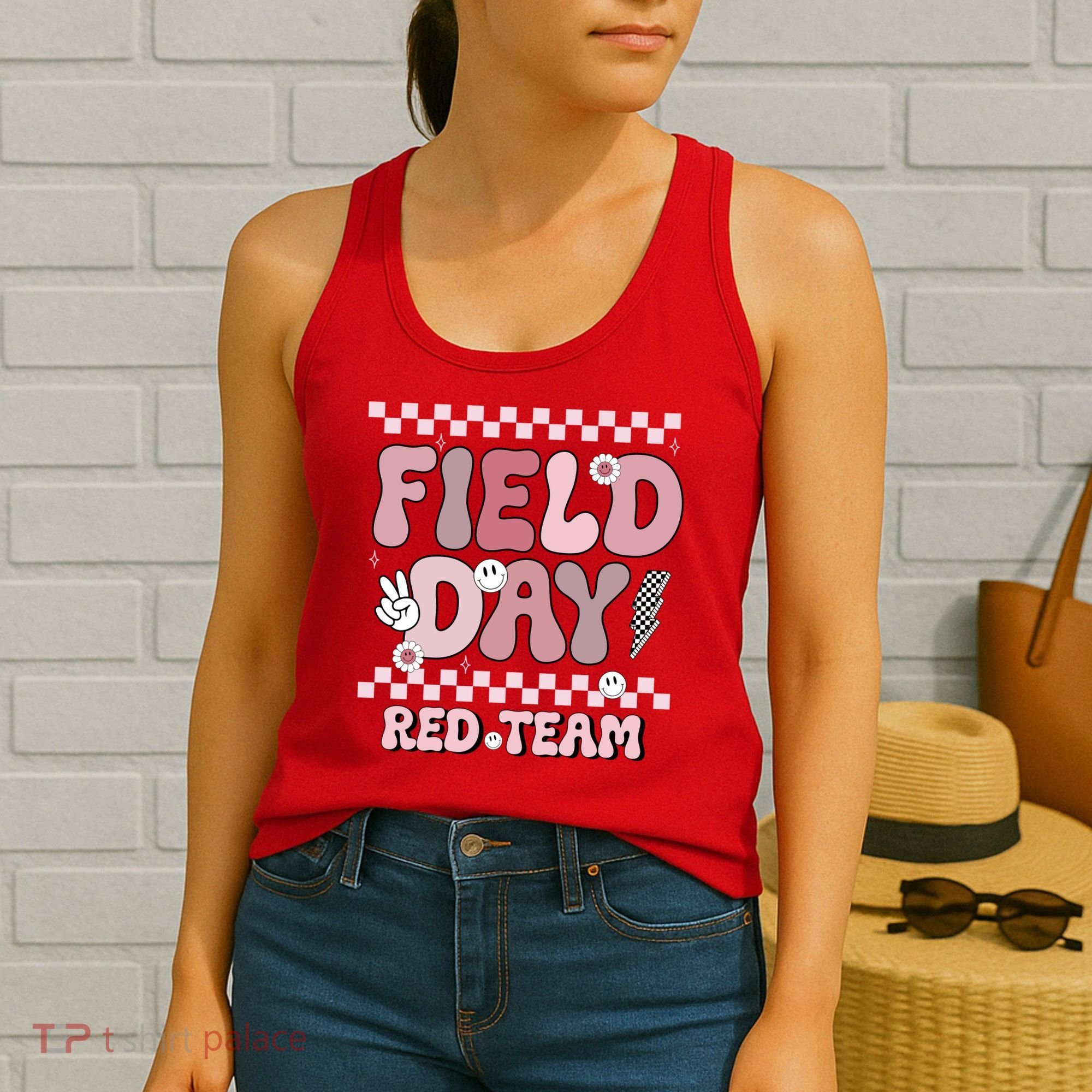 Field Day Red Team Groovy Smile Face Checkered Students Women's Tank Top