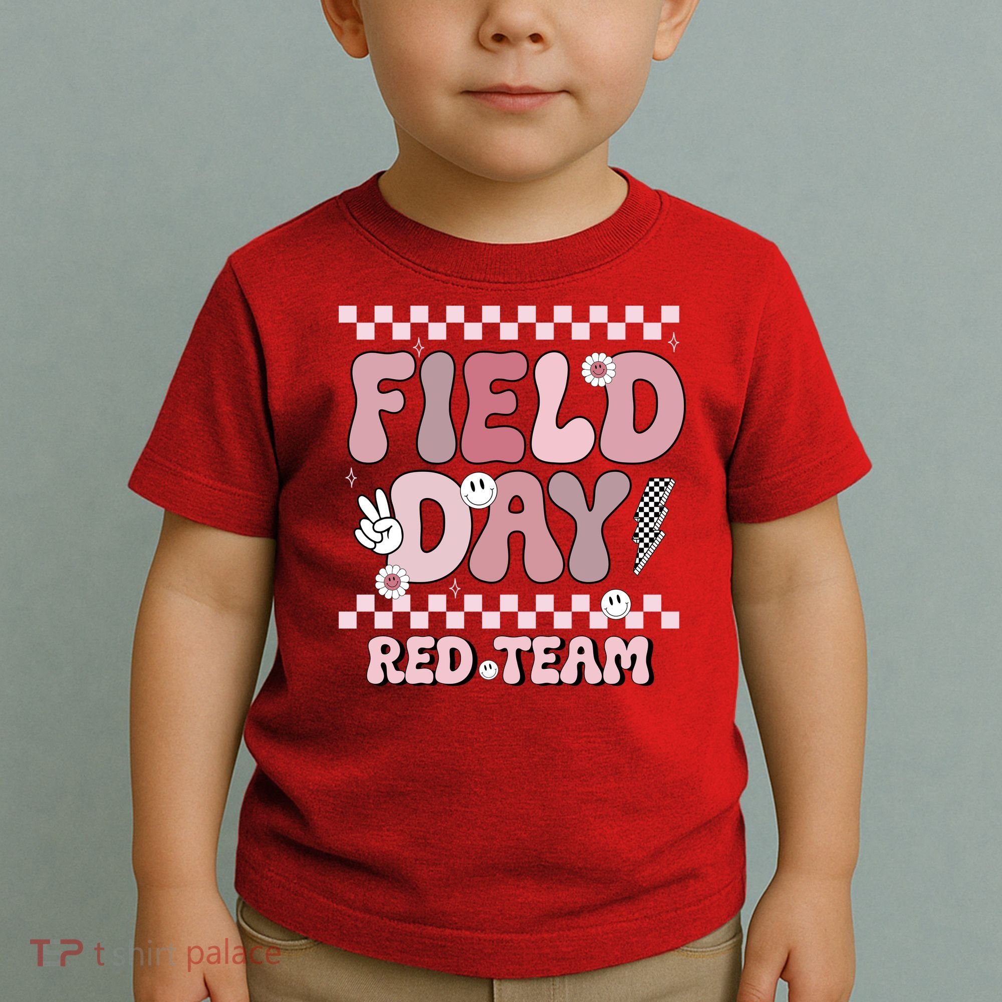 Field Day Red Team Groovy Smile Face Checkered Students Toddler T-Shirt