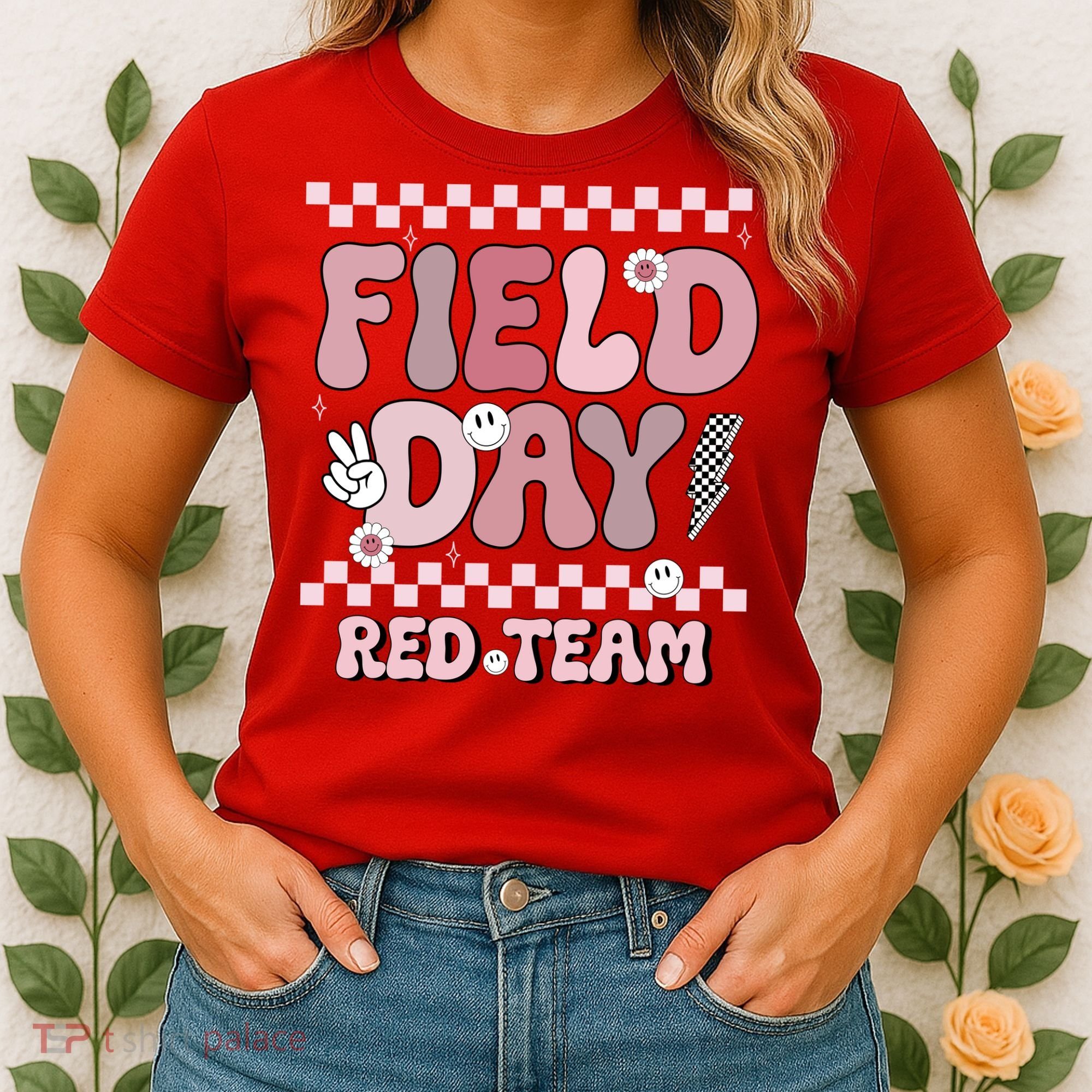 Field Day Red Team Groovy Smile Face Checkered Students Women's T-Shirt