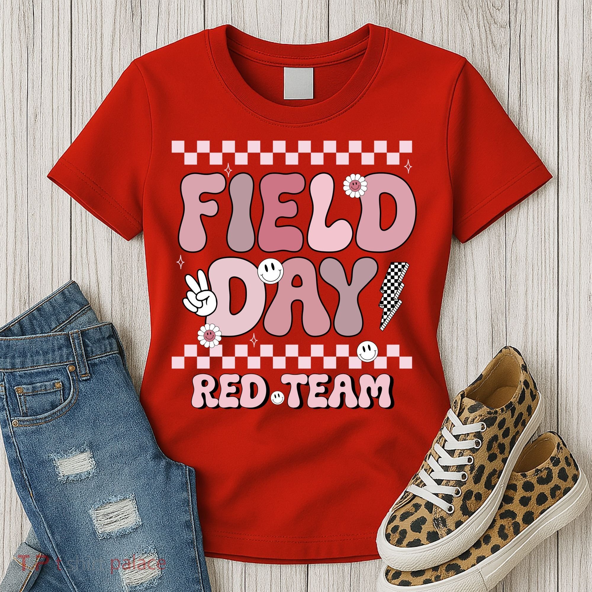 Field Day Red Team Groovy Smile Face Checkered Students Women's T-Shirt