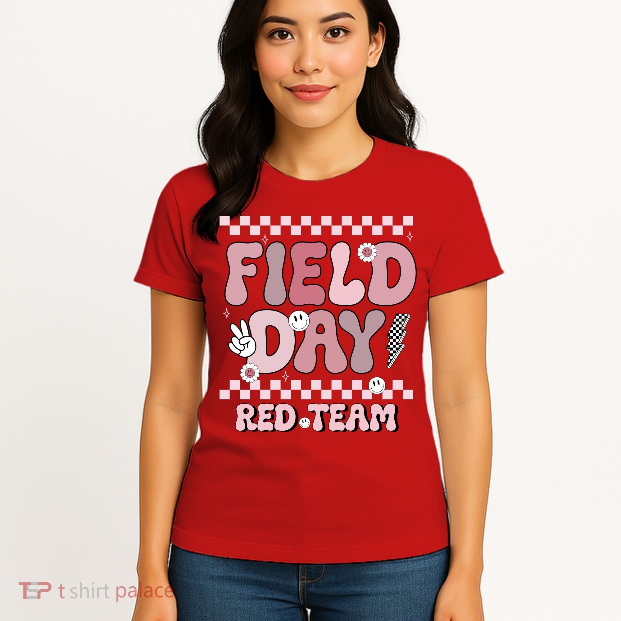 Field Day Red Team Groovy Smile Face Checkered Students Women's T-Shirt