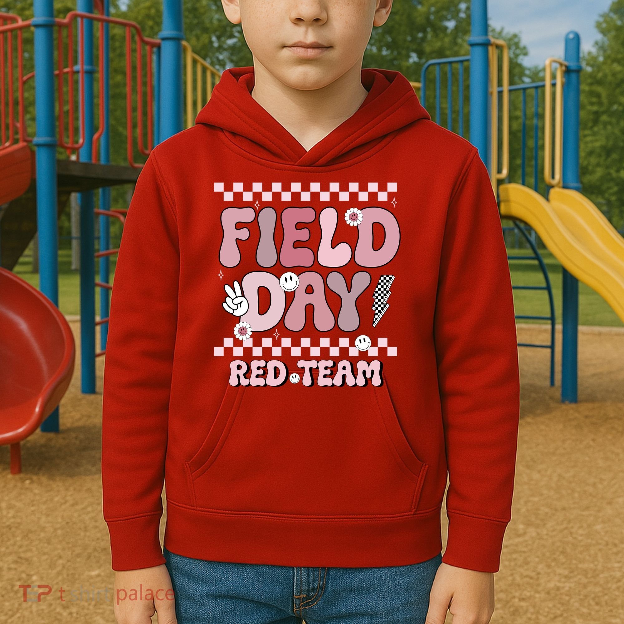 Field Day Red Team Groovy Smile Face Checkered Students Kids Hoodie