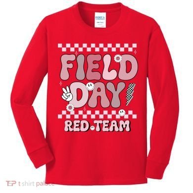 Field Day Red Team Groovy Smile Face Checkered Students Kids Long Sleeve Shirt
