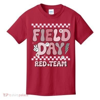 Field Day Red Team Groovy Smile Face Checkered Students Kids T-Shirt