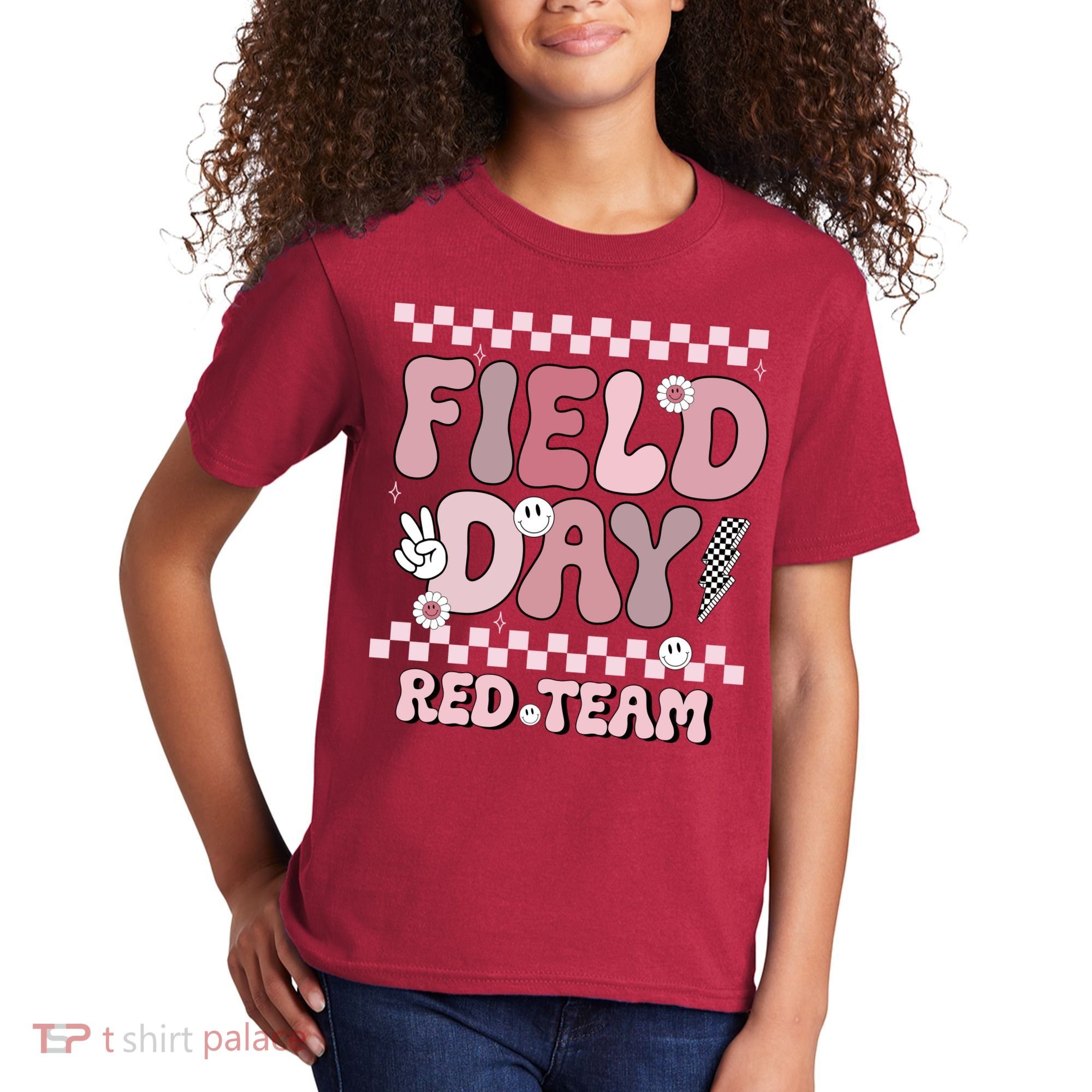 Field Day Red Team Groovy Smile Face Checkered Students Kids T-Shirt