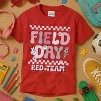 Field Day Red Team Groovy Smile Face Checkered Students Kids T-Shirt thumb 3