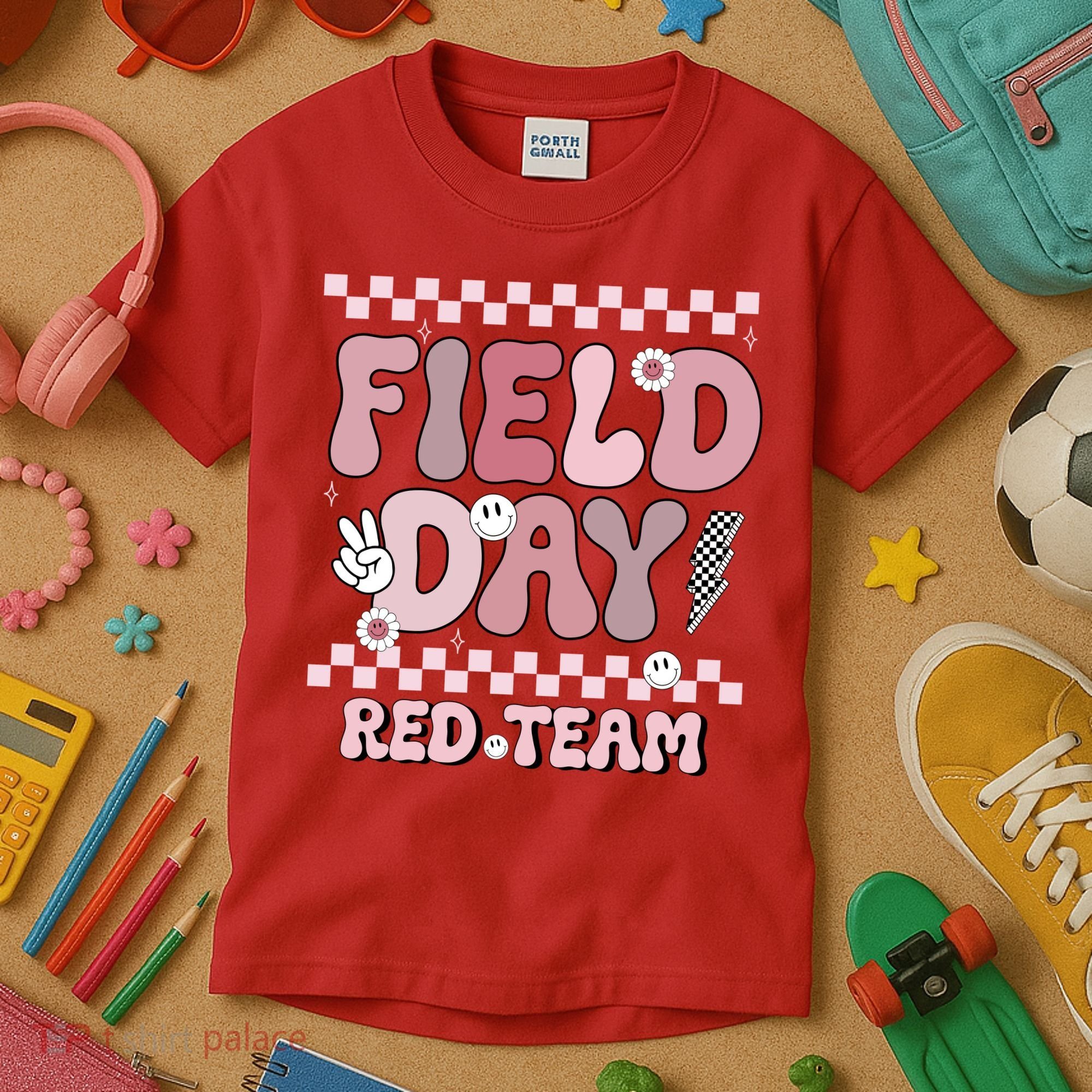 Field Day Red Team Groovy Smile Face Checkered Students Kids T-Shirt