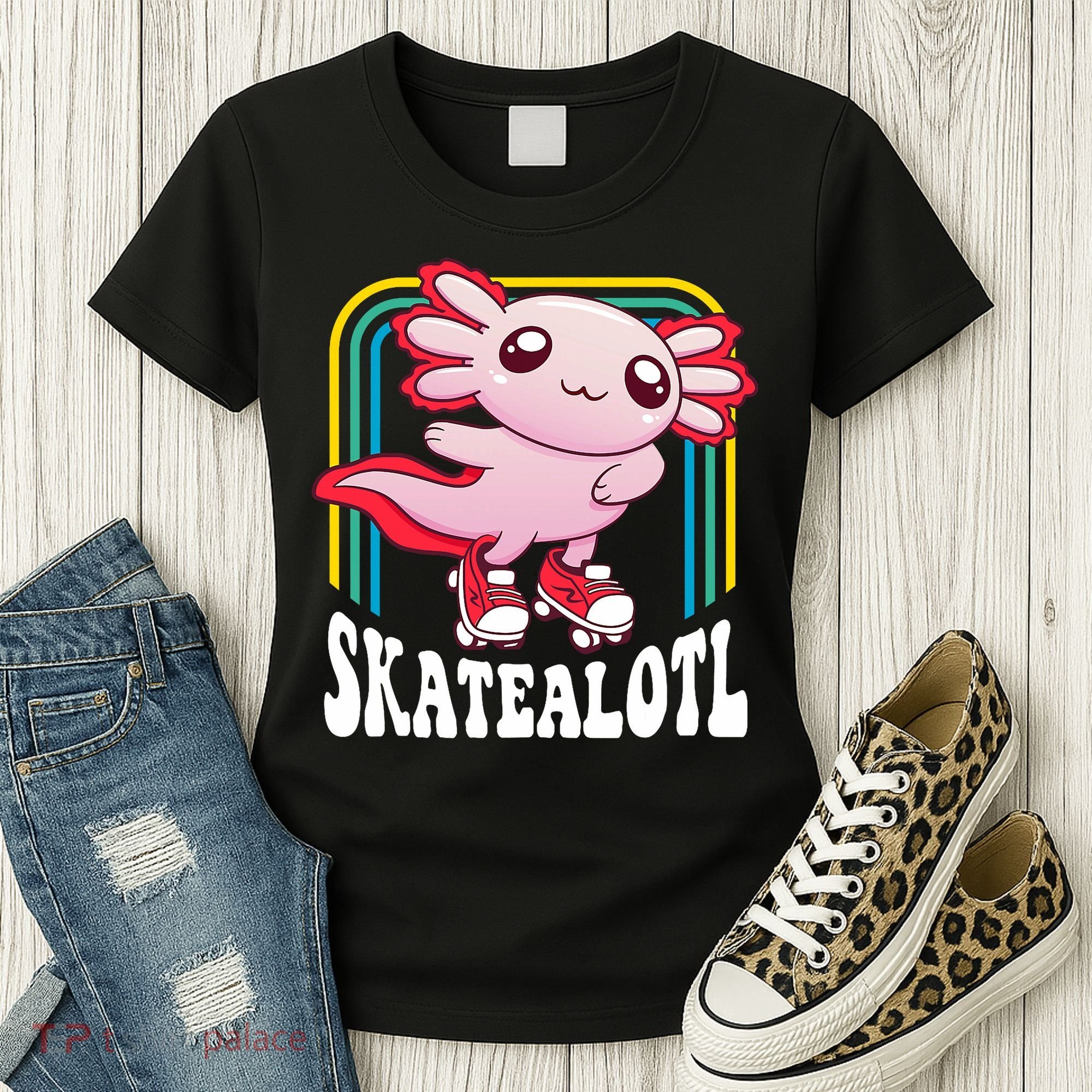 Funny Disco Roller Skate Axolotl Kawaii Salamander  Women's T-Shirt