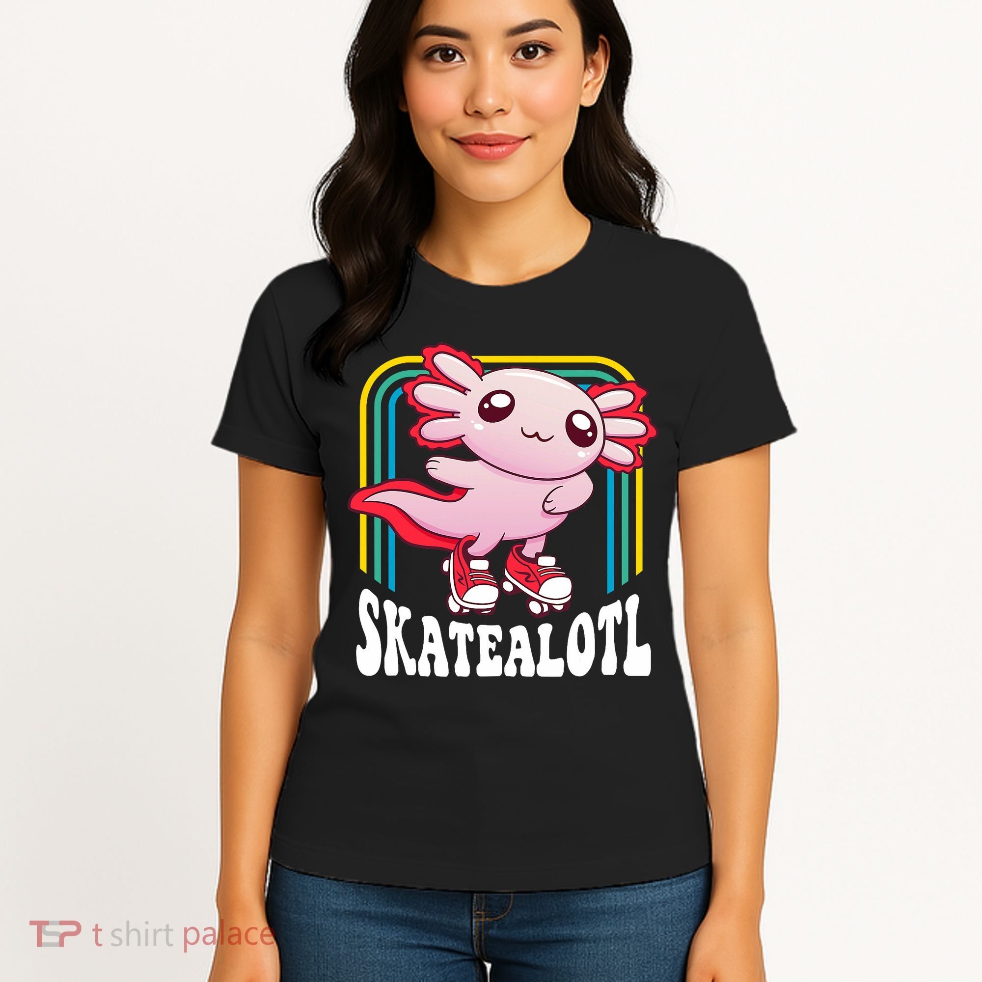 Funny Disco Roller Skate Axolotl Kawaii Salamander  Women's T-Shirt