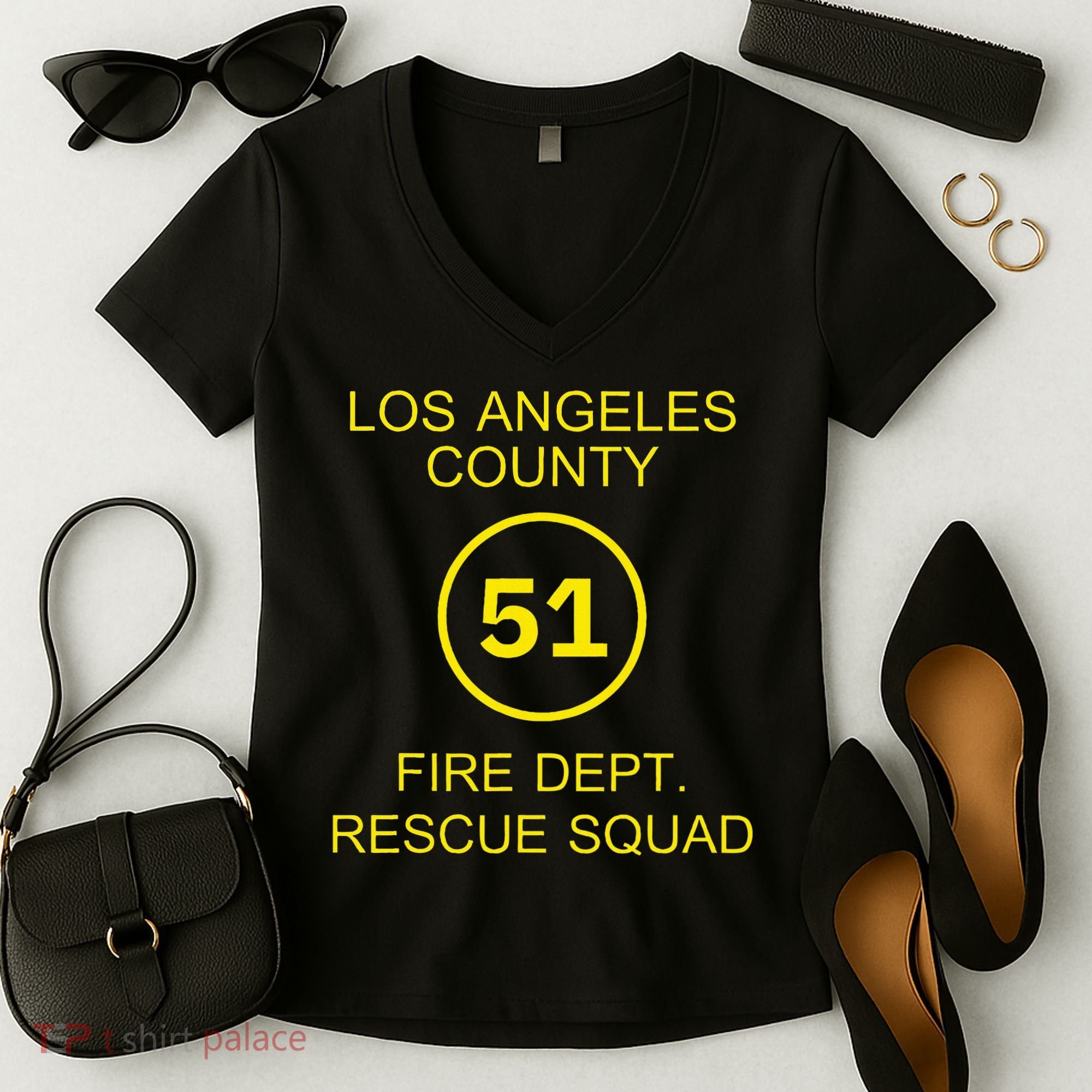 Fire Department Rescue Squad Team L.A. County 51 Women's V-Neck T-Shirt