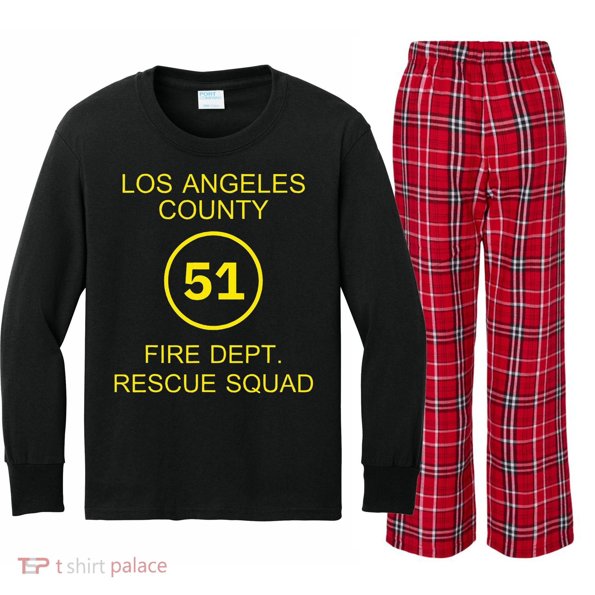 Fire Department Rescue Squad Team L.A. County 51 Kids Long Sleeve Plaid Pajama Set
