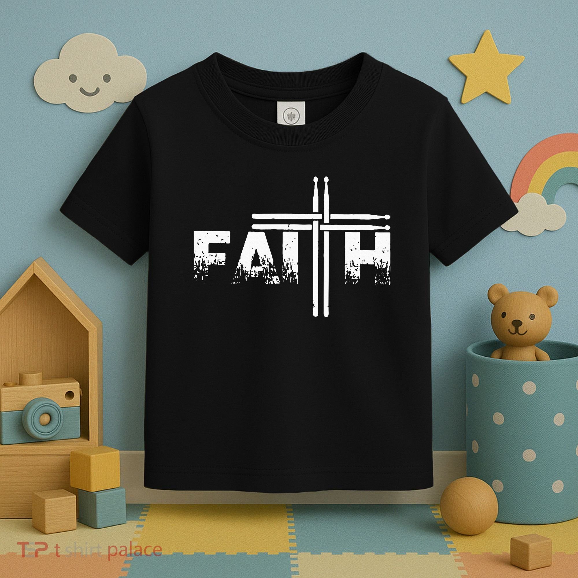 Faith Drum Stick Cross Christian God Jesus Fun Drummer Toddler T-Shirt