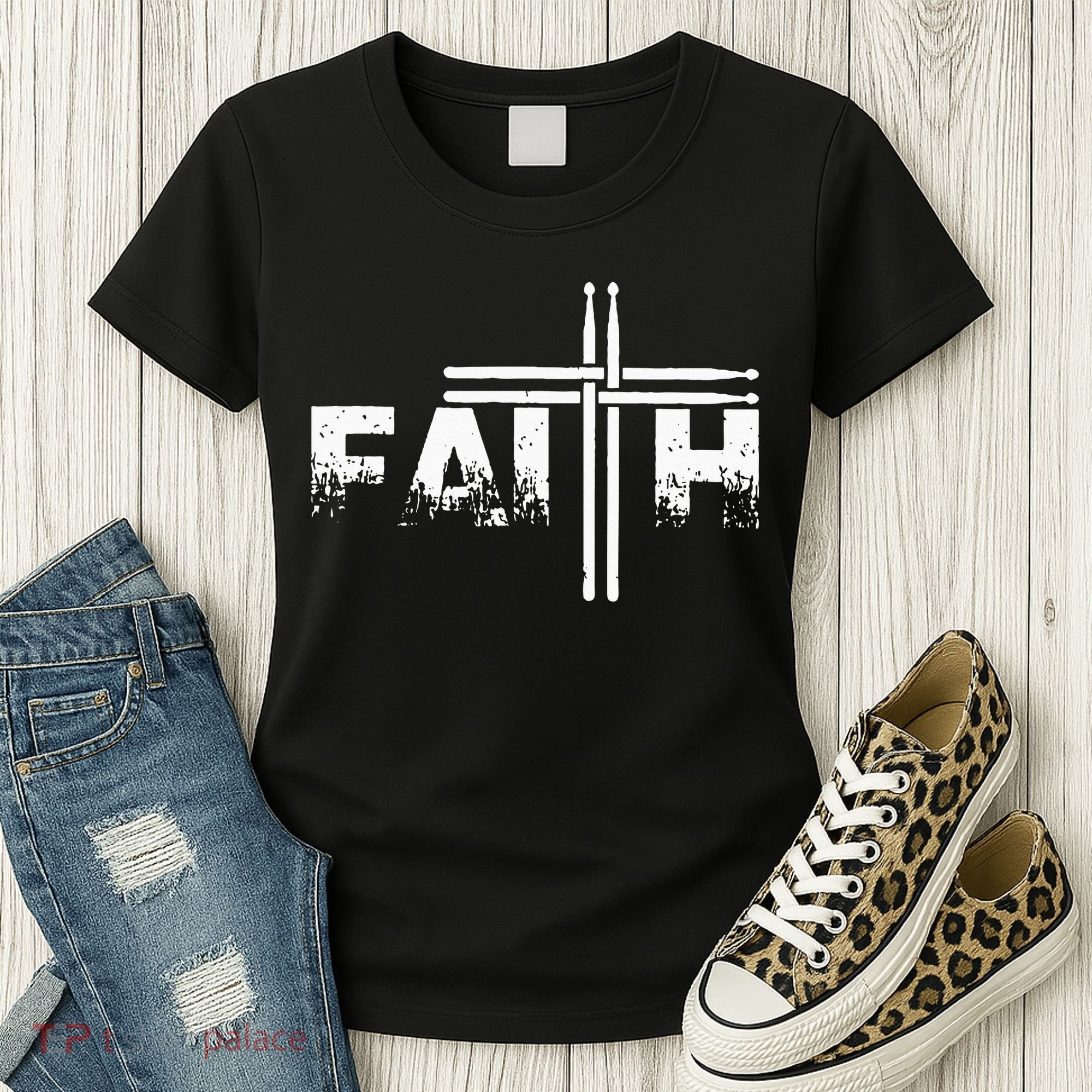 Faith Drum Stick Cross Christian God Jesus Fun Drummer Women's T-Shirt