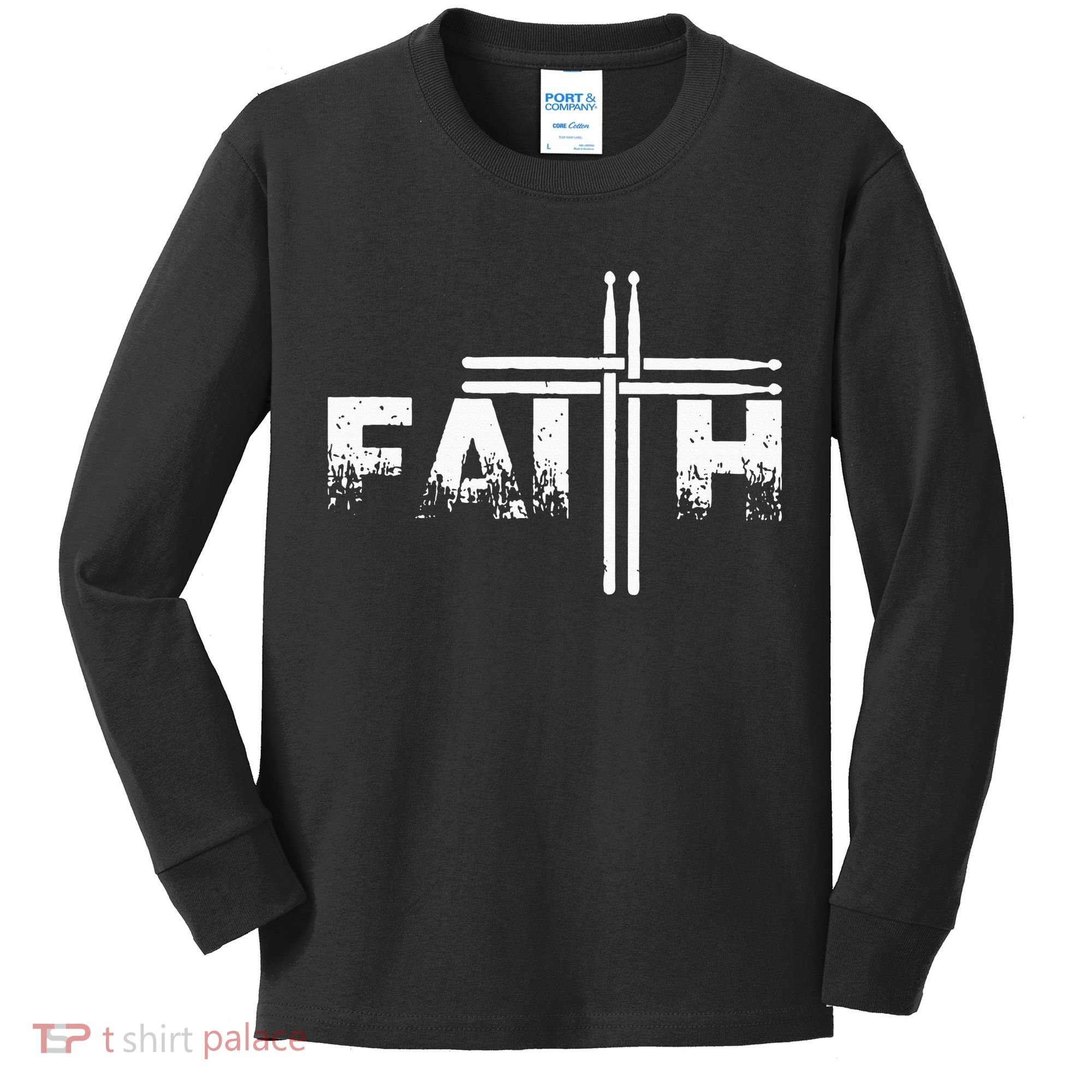 Faith Drum Stick Cross Christian God Jesus Fun Drummer Kids Long Sleeve Shirt