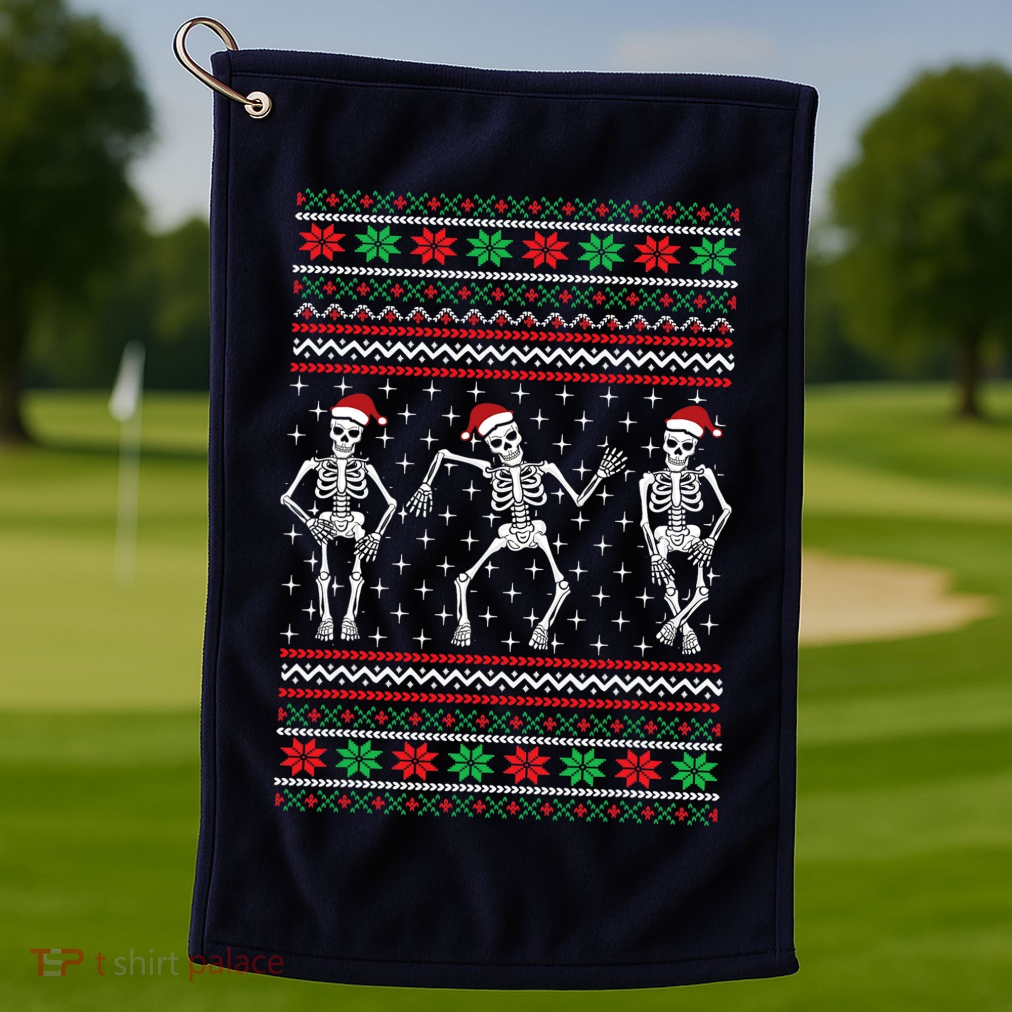 Funny Dancing Skeletons Ugly Christmas Sweater Golf Towel