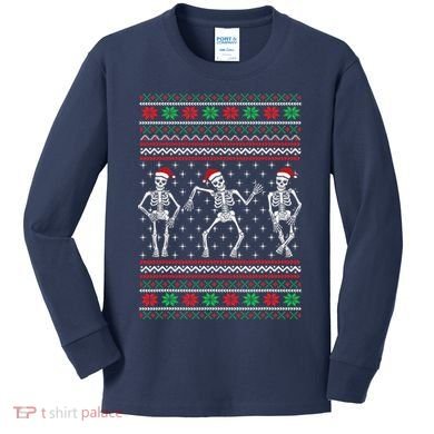 Funny Dancing Skeletons Ugly Christmas Sweater Kids Long Sleeve Shirt