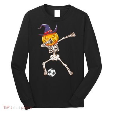Funny Dabbing Skeleton Pumpkin Head Scary Witch Hat Soccer Long Sleeve Shirt