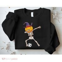 Funny Dabbing Skeleton Pumpkin Head Scary Witch Hat Soccer Sweatshirt thumb 2