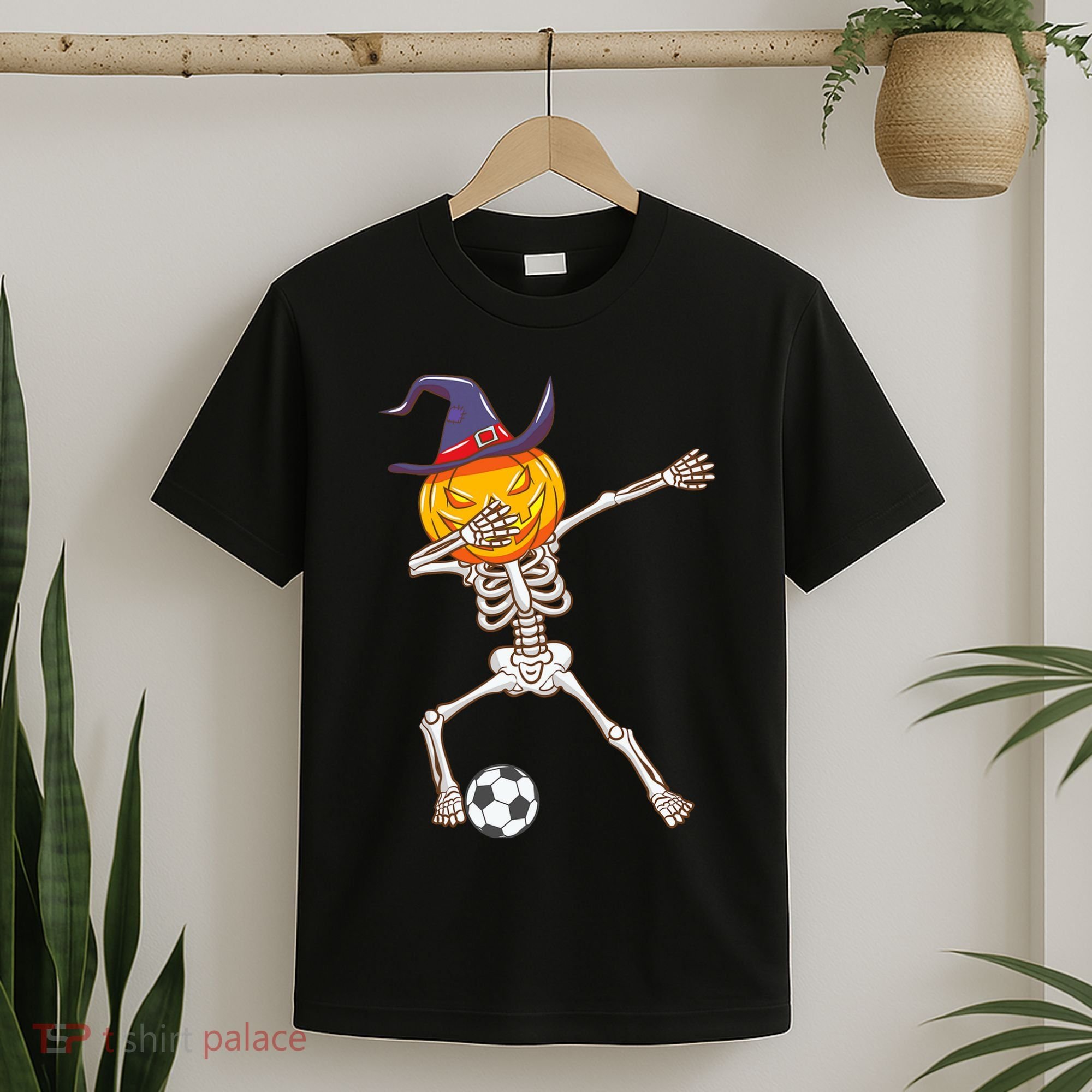 Funny Dabbing Skeleton Pumpkin Head Scary Witch Hat Soccer T-Shirt