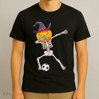 Funny Dabbing Skeleton Pumpkin Head Scary Witch Hat Soccer T-Shirt thumb 3