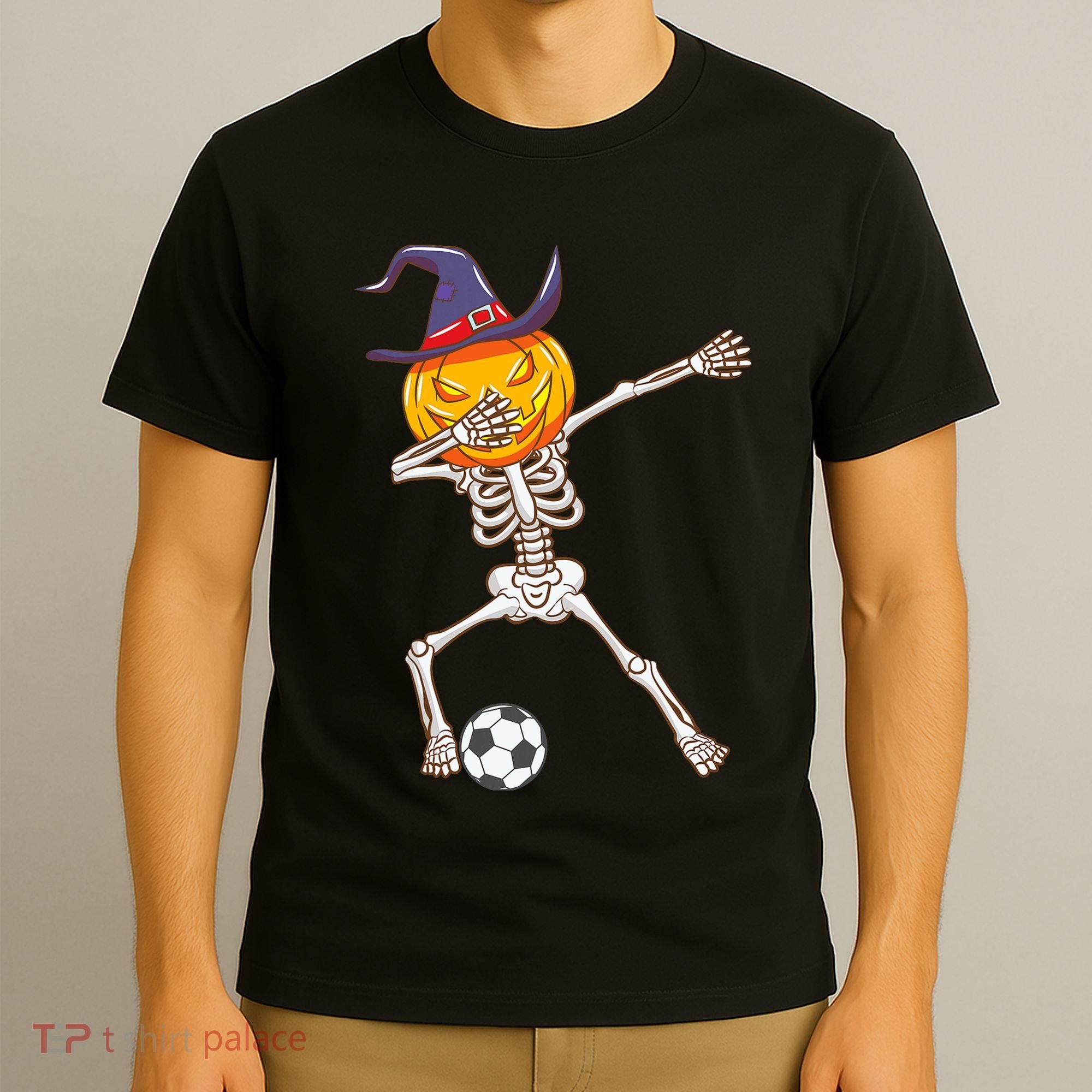 Funny Dabbing Skeleton Pumpkin Head Scary Witch Hat Soccer T-Shirt