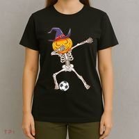 Funny Dabbing Skeleton Pumpkin Head Scary Witch Hat Soccer T-Shirt thumb 4