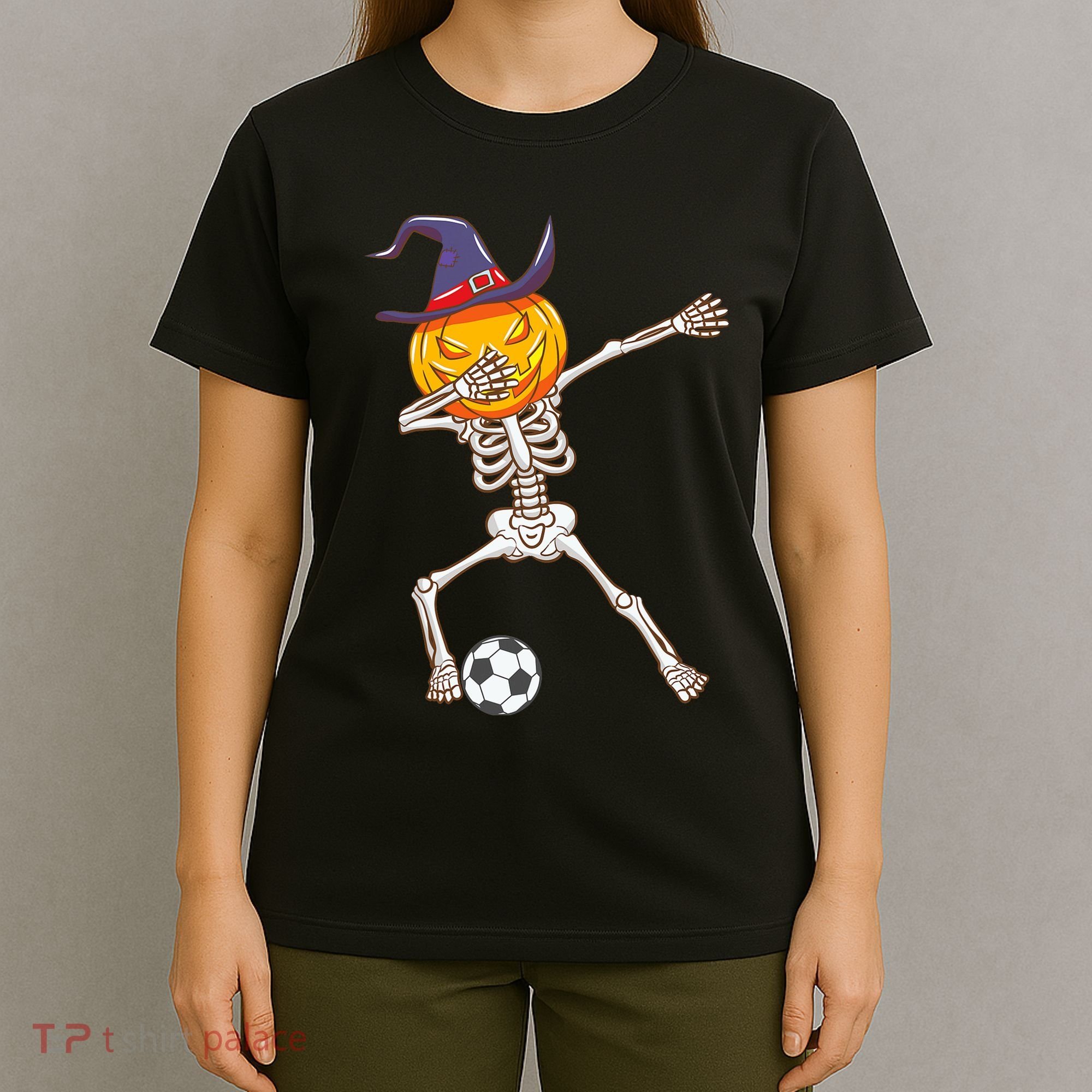 Funny Dabbing Skeleton Pumpkin Head Scary Witch Hat Soccer T-Shirt