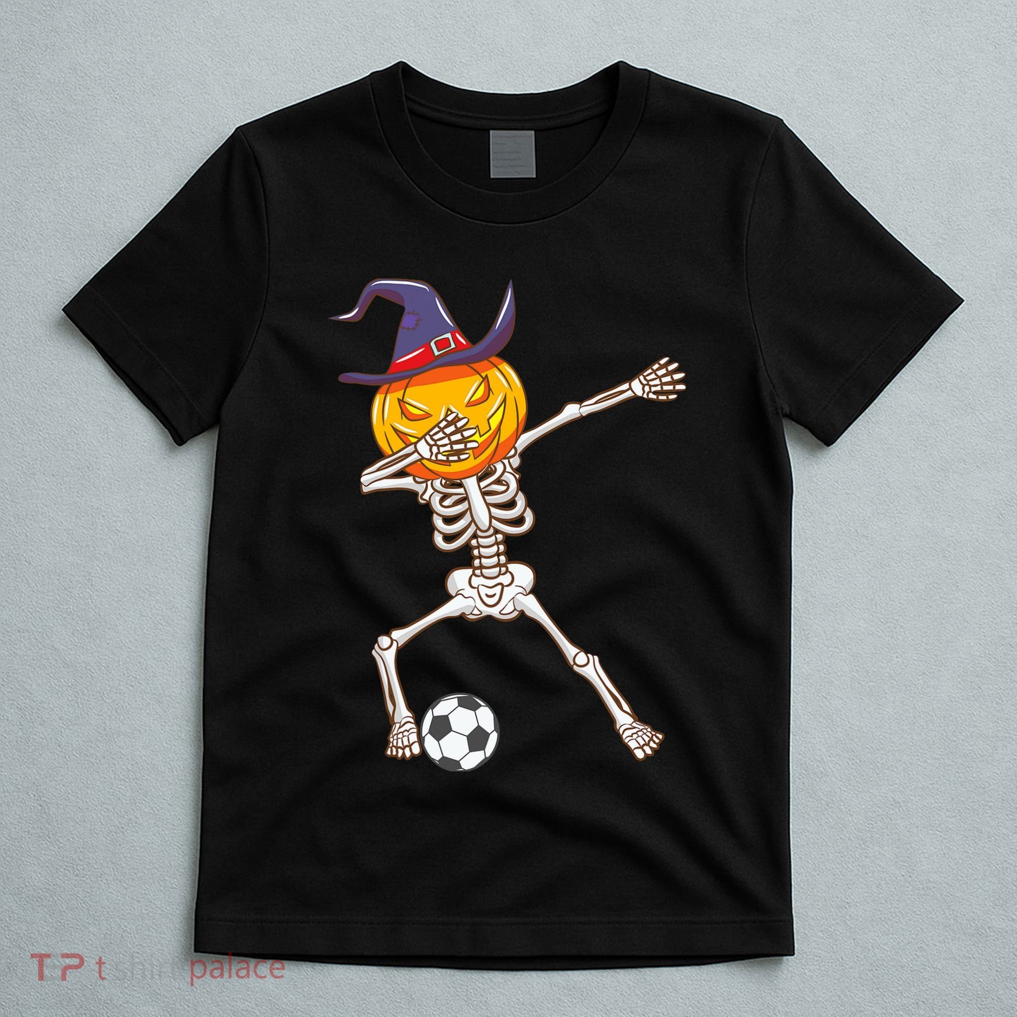 Funny Dabbing Skeleton Pumpkin Head Scary Witch Hat Soccer T-Shirt