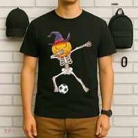 Funny Dabbing Skeleton Pumpkin Head Scary Witch Hat Soccer T-Shirt thumb 6