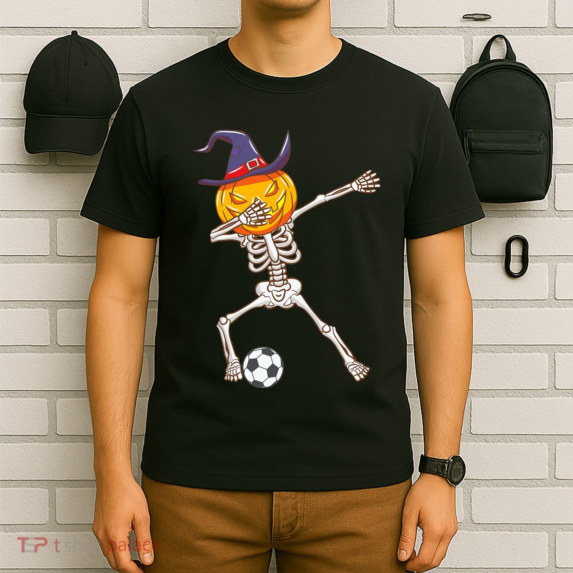 Funny Dabbing Skeleton Pumpkin Head Scary Witch Hat Soccer T-Shirt