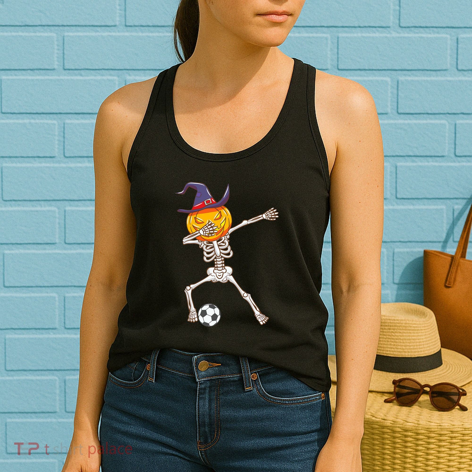 Funny Dabbing Skeleton Pumpkin Head Scary Witch Hat Soccer Women's Tank Top