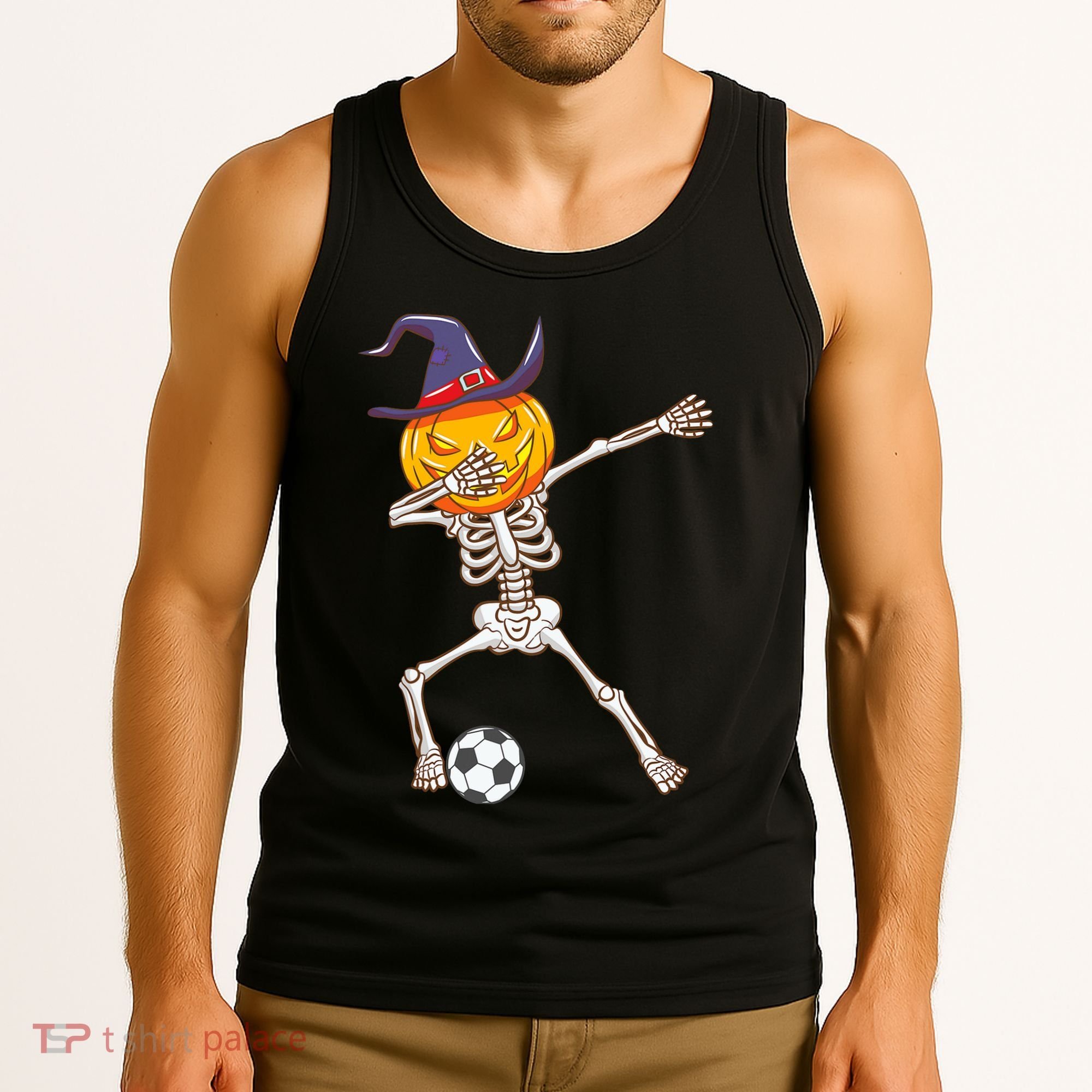 Funny Dabbing Skeleton Pumpkin Head Scary Witch Hat Soccer Tank Top