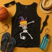 Funny Dabbing Skeleton Pumpkin Head Scary Witch Hat Soccer Tank Top thumb 4