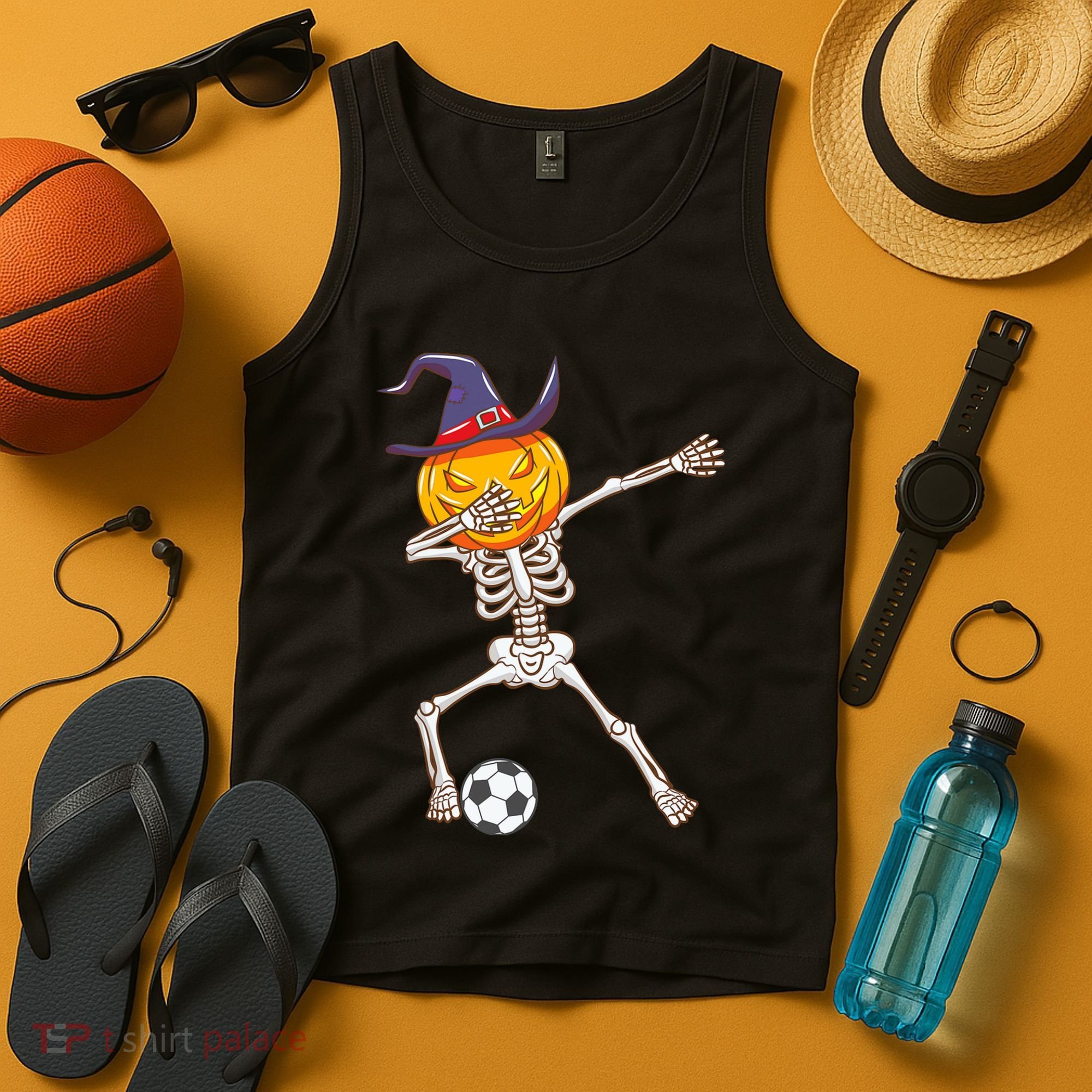 Funny Dabbing Skeleton Pumpkin Head Scary Witch Hat Soccer Tank Top