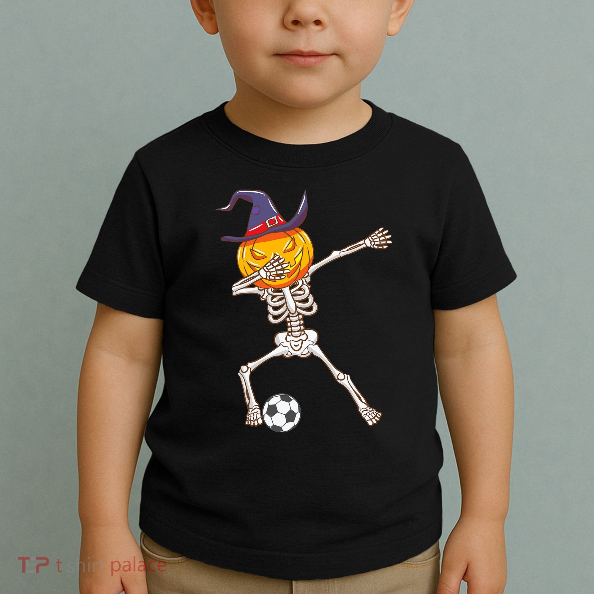 Funny Dabbing Skeleton Pumpkin Head Scary Witch Hat Soccer Toddler T-Shirt