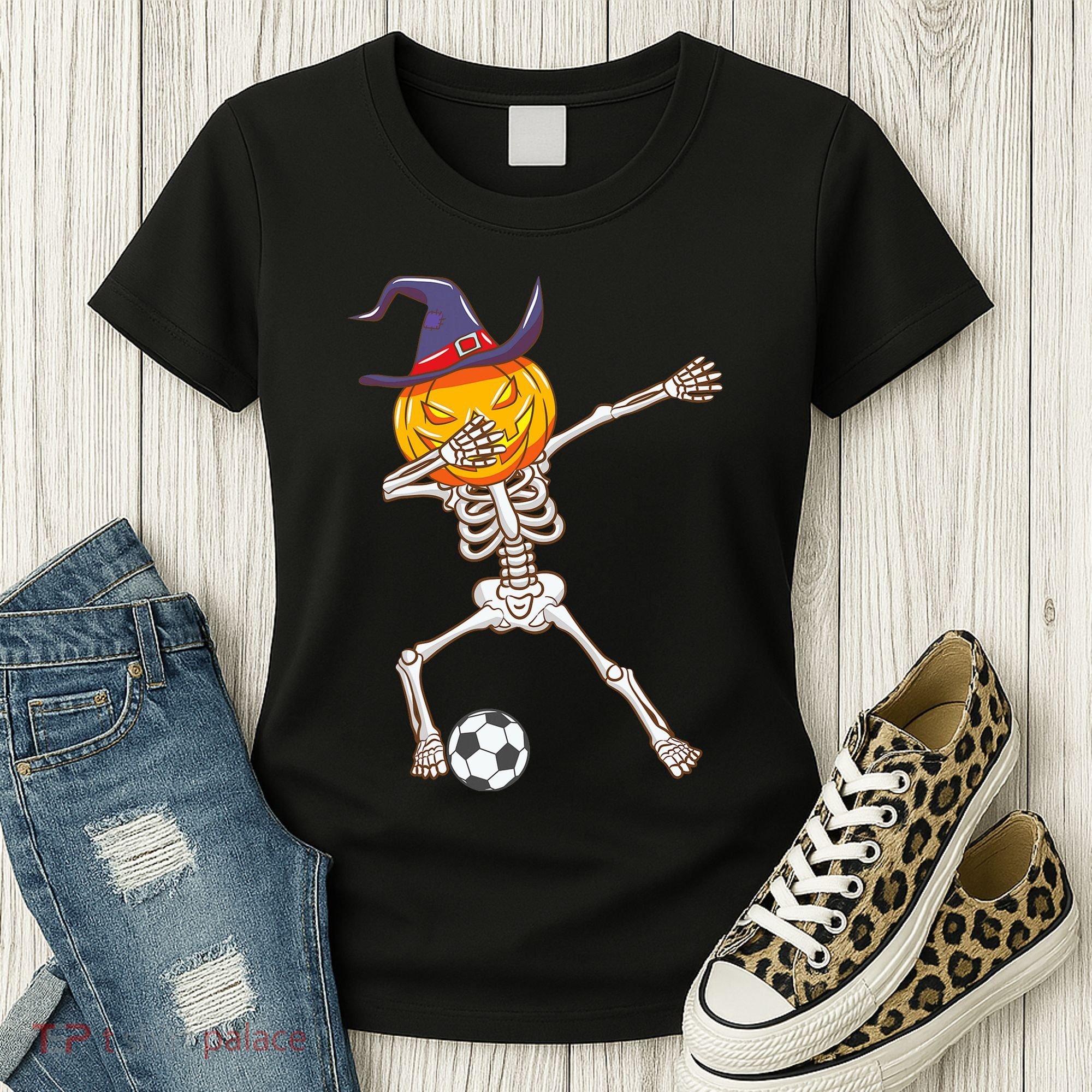 Funny Dabbing Skeleton Pumpkin Head Scary Witch Hat Soccer Women's T-Shirt