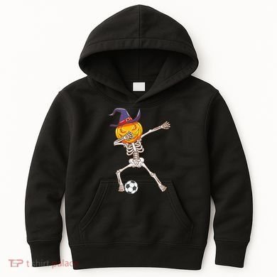 Funny Dabbing Skeleton Pumpkin Head Scary Witch Hat Soccer Kids Hoodie