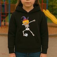 Funny Dabbing Skeleton Pumpkin Head Scary Witch Hat Soccer Kids Hoodie thumb 3