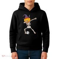 Funny Dabbing Skeleton Pumpkin Head Scary Witch Hat Soccer Kids Hoodie thumb 4