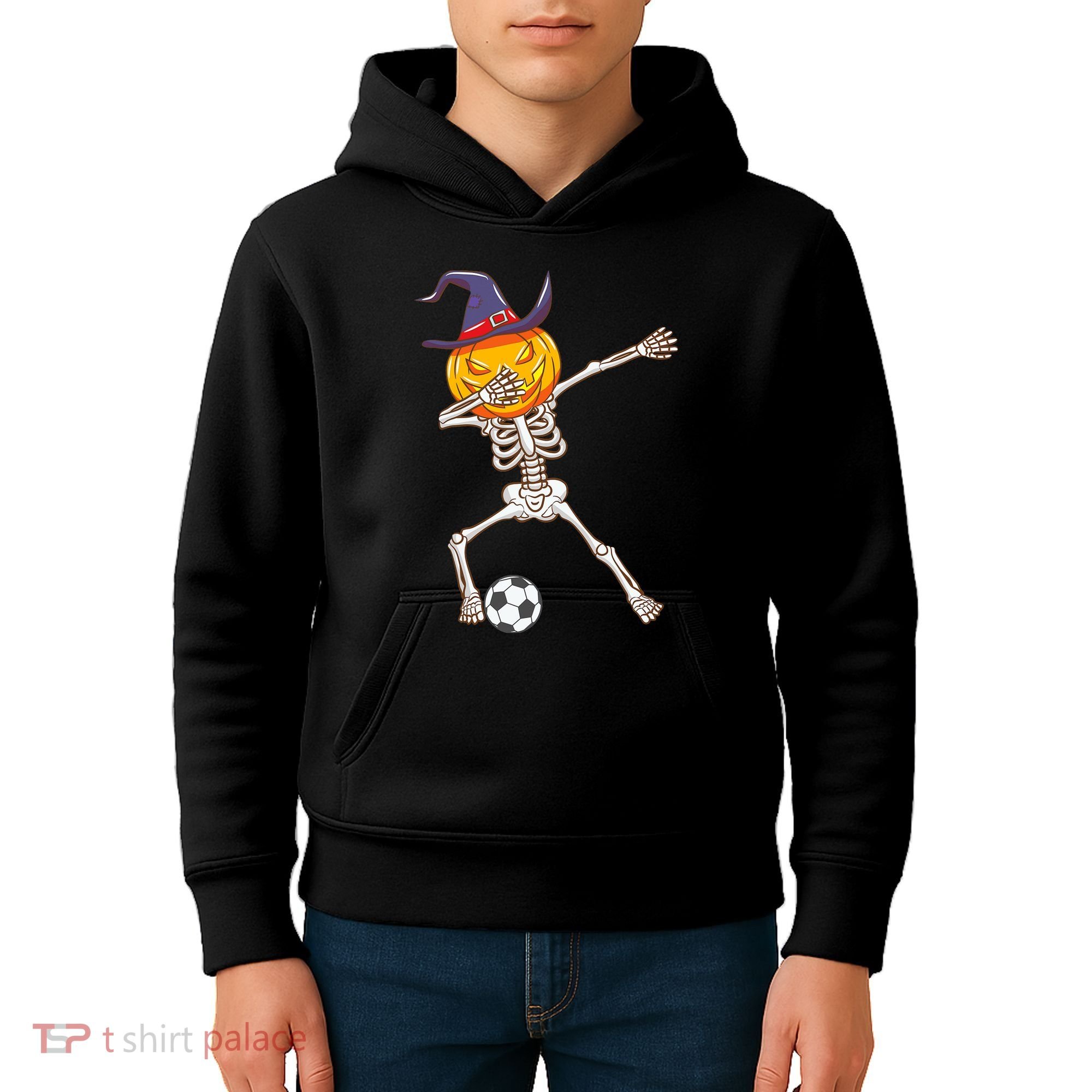 Funny Dabbing Skeleton Pumpkin Head Scary Witch Hat Soccer Kids Hoodie