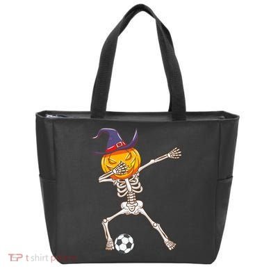 Funny Dabbing Skeleton Pumpkin Head Scary Witch Hat Soccer Tote Bag