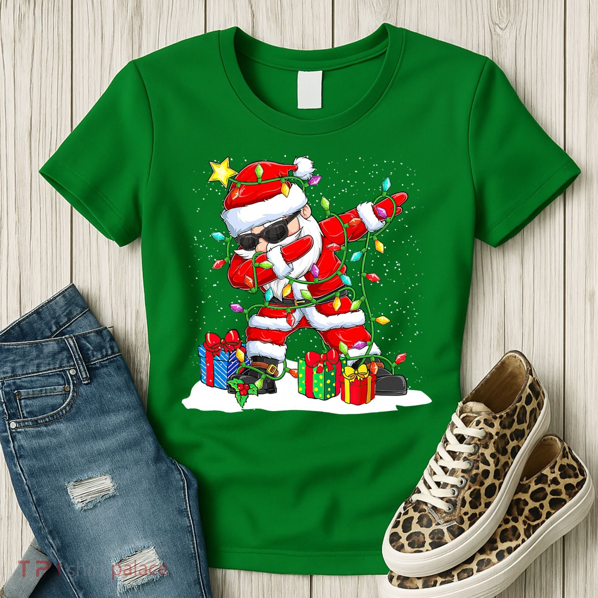 Funny Dabbing Santa Christmas Tree Lights Xmas Boys Women's T-Shirt