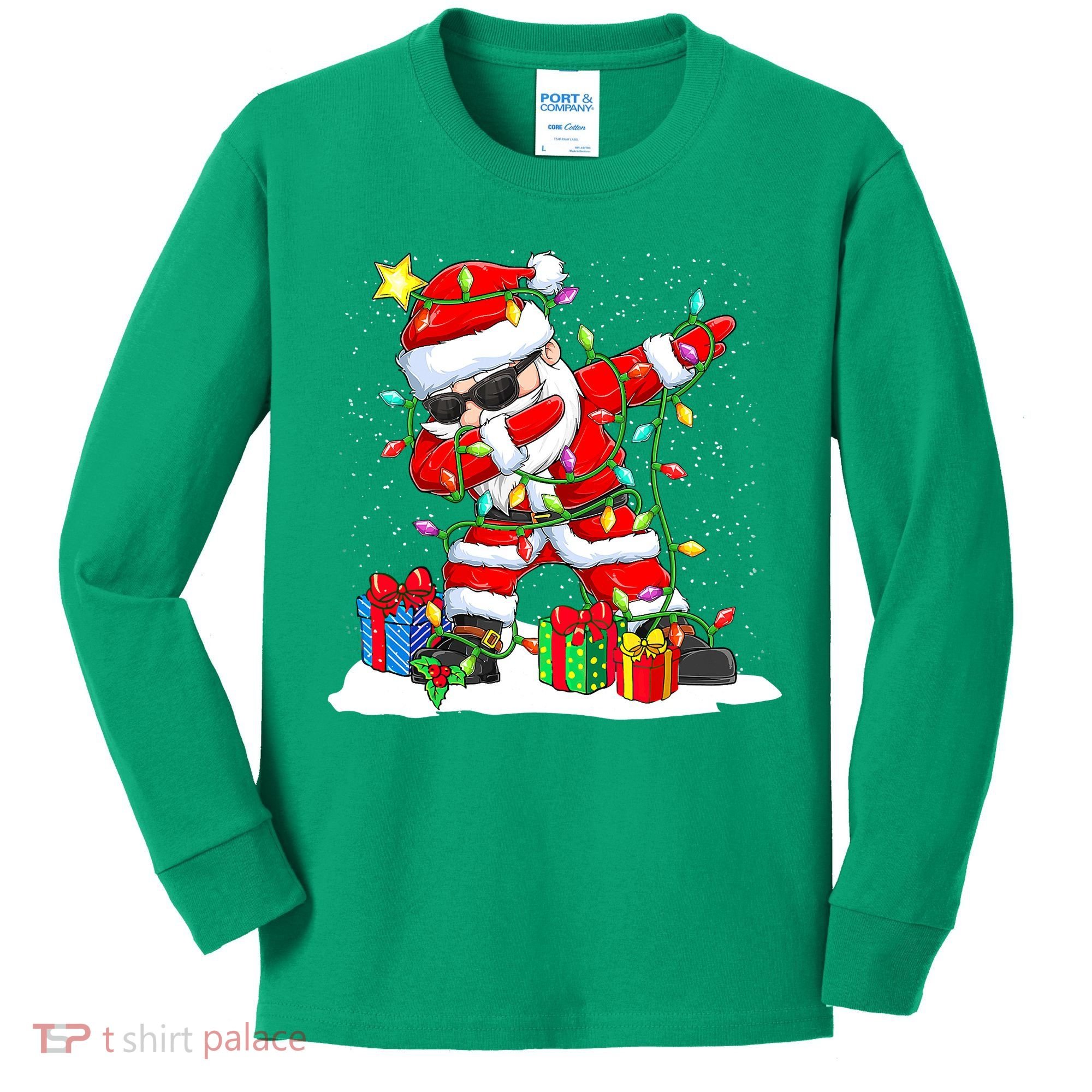Funny Dabbing Santa Christmas Tree Lights Xmas Boys Kids Long Sleeve Shirt