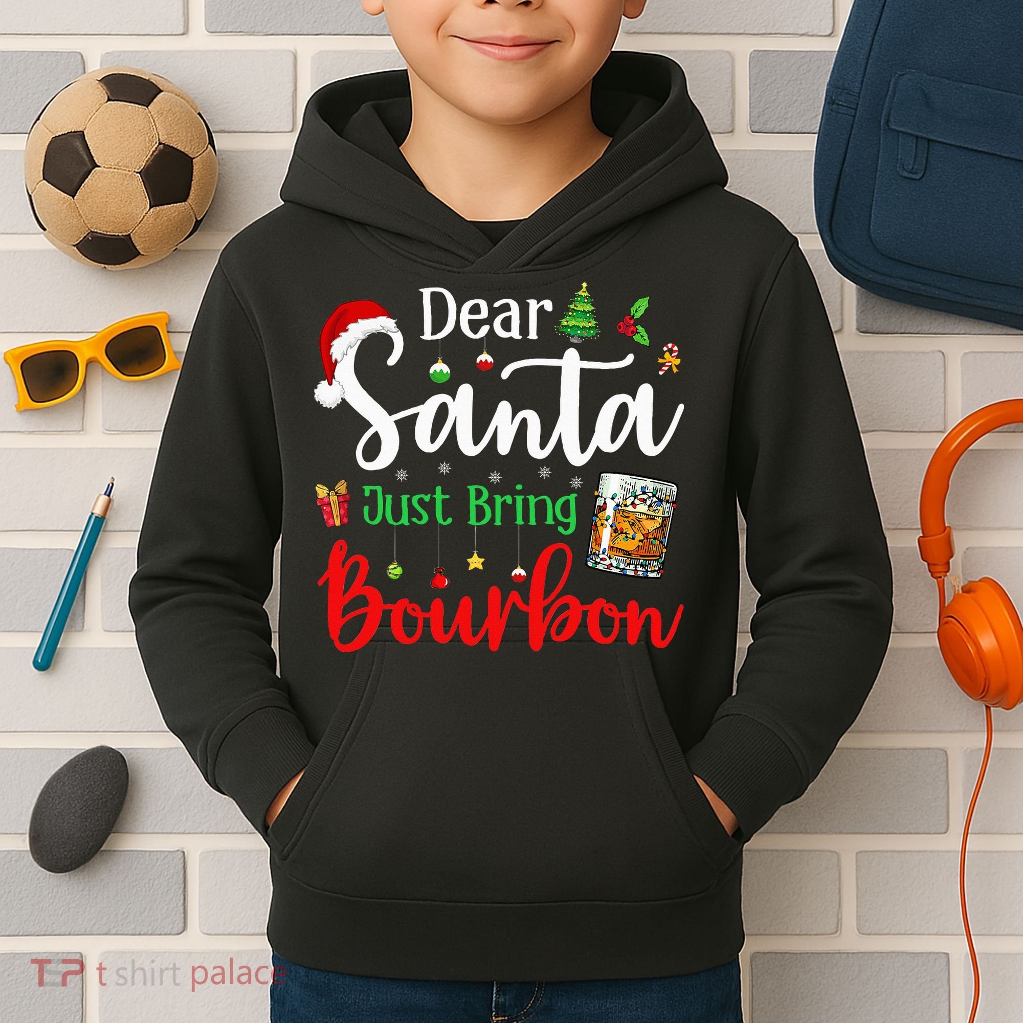 Funny Dear Santa Just Bring Bourbon Christmas Pajamas Kids Hoodie