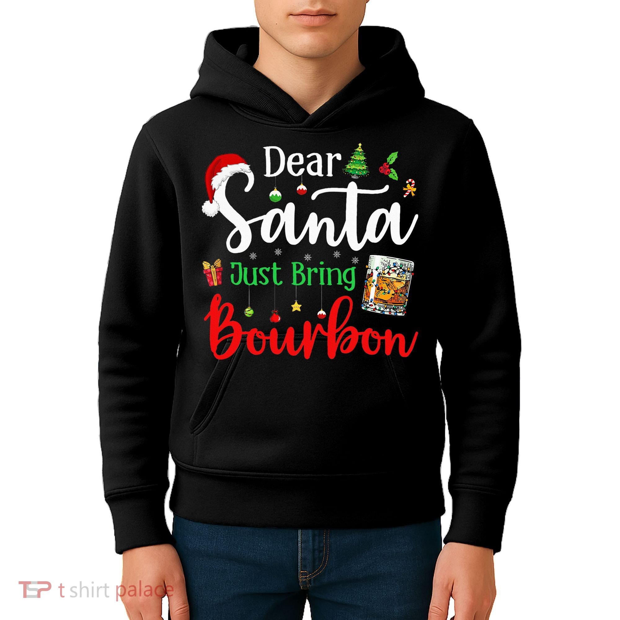 Funny Dear Santa Just Bring Bourbon Christmas Pajamas Kids Hoodie