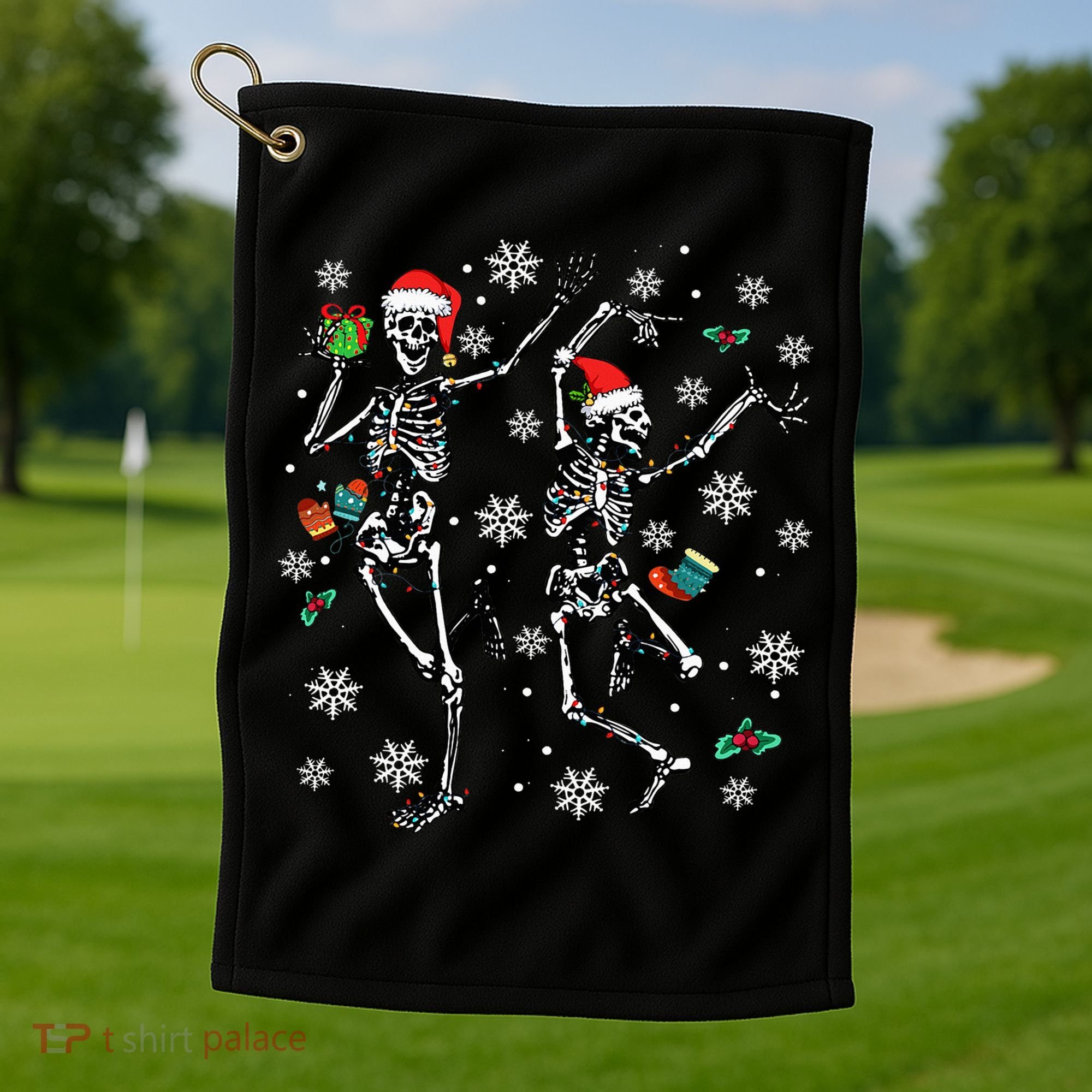 Festive Dancing Skeleton with Christmas Lights Golf Towel