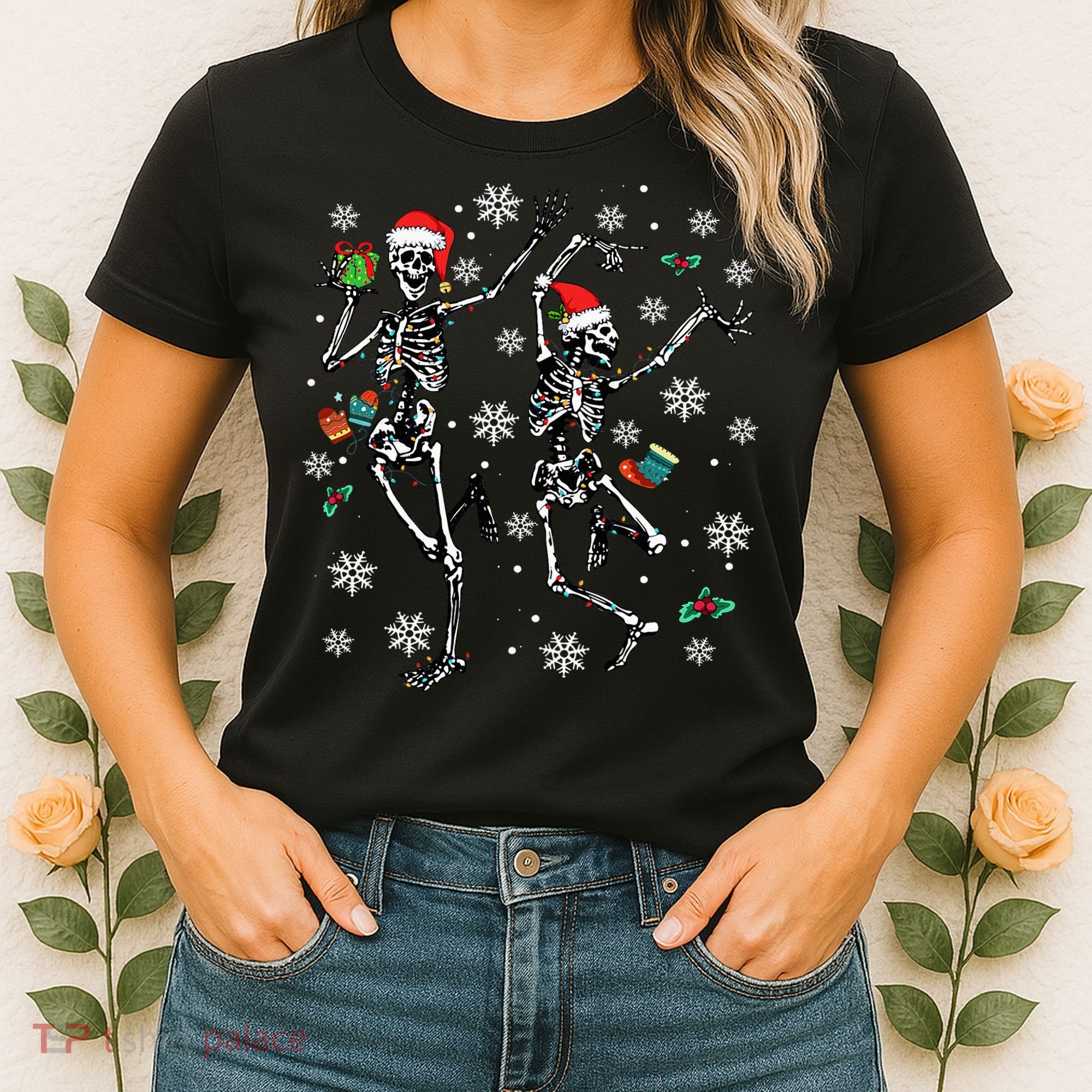 Festive Dancing Skeleton with Christmas Lights Women's T-Shirt