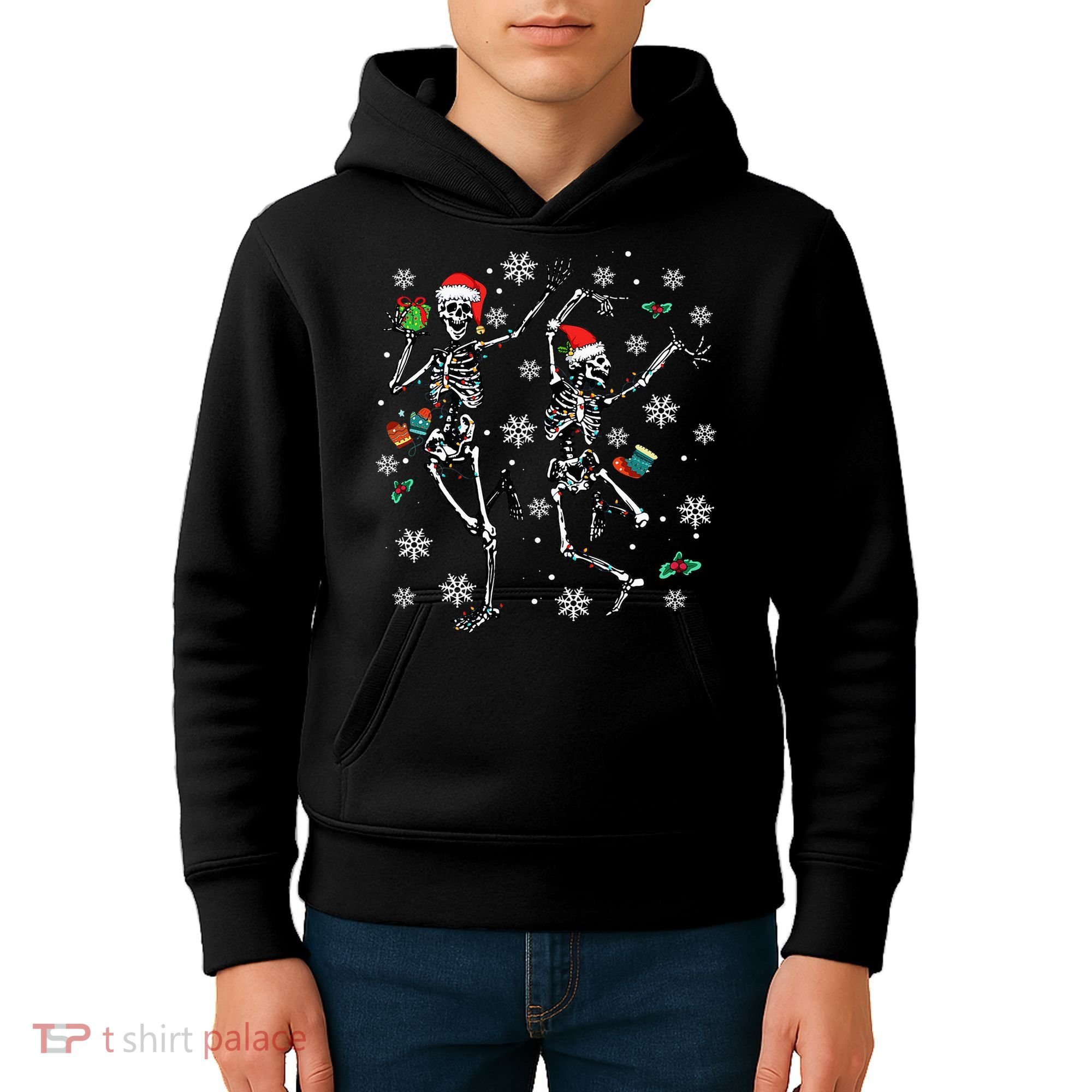 Festive Dancing Skeleton with Christmas Lights Kids Hoodie